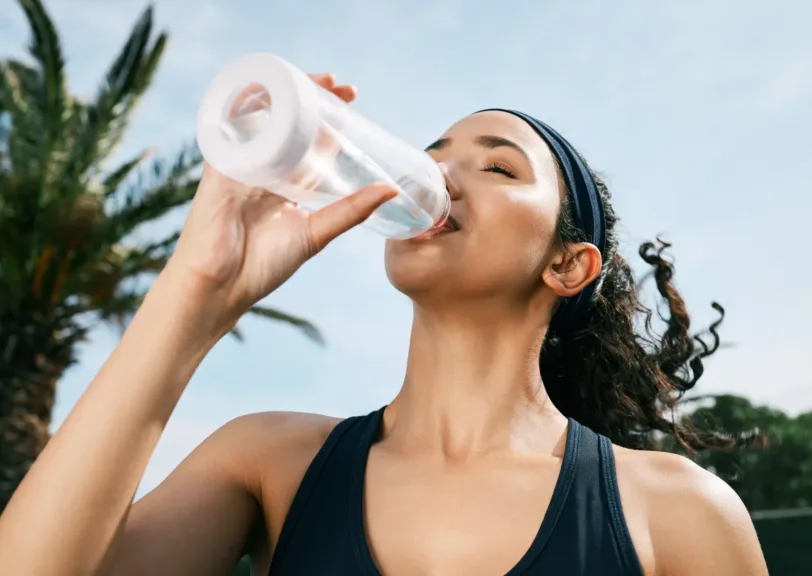 Woman drinking water to stay cool while she's outside