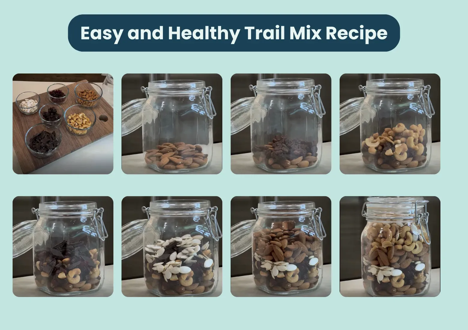 Images of a glass jar being filled with healthy trail mix ingredients